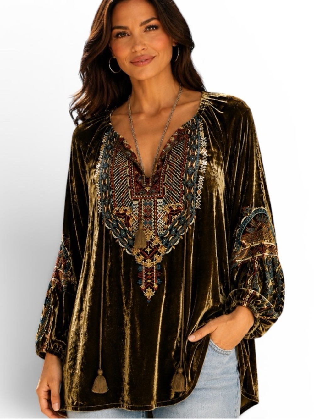 Johnny Was “Naomi Tiger eye” heavily embroidered velvet tunic NWT